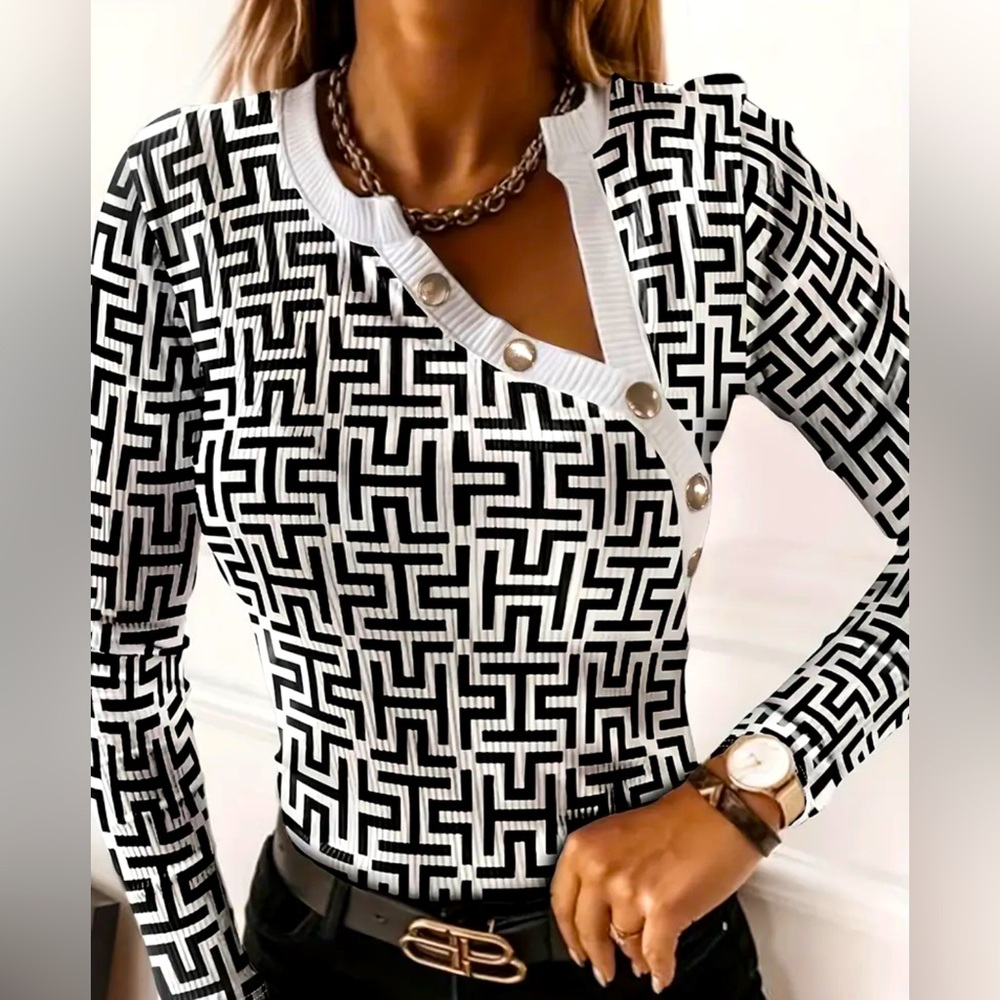 Geometric Print V-Neck Long Sleeve Button Stitching T-Shirt Stylish